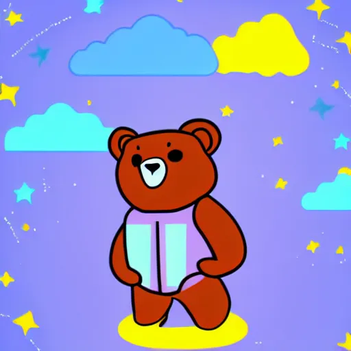 Image similar to cartoon animated bear wearing clothes being launched out of a futuristic machine into a purple and orange cloud land