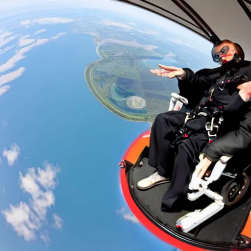 Image similar to Fish-eye lens of Stephen Hawking skydiving in his wheelchair