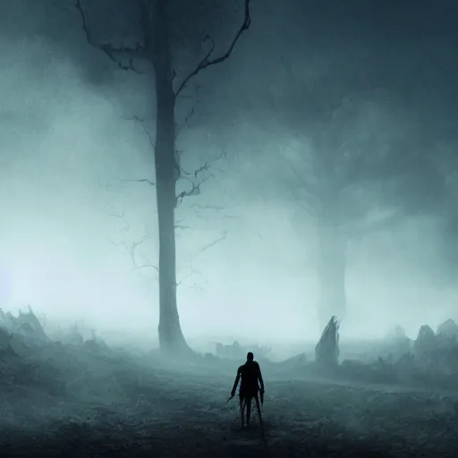 Image similar to a giant skeleton walks the earth, dark landscape, fog, matte painting