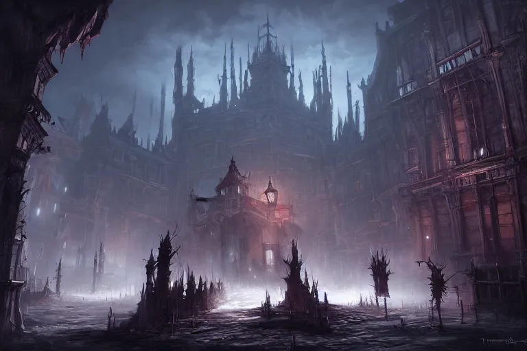 Image similar to collaborative environment concept art by Tyler Edlin, Andy Park, Feng Zhu, James Paick, Ryan Church, in the style of Bloodborne