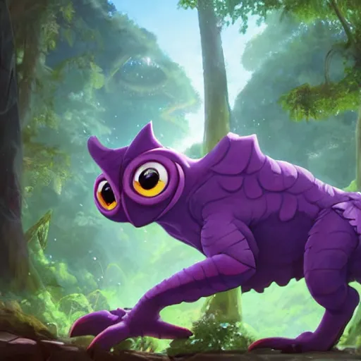 Prompt: concept art painting of an anthropomorphic purple creature with reptile and owl features, in the deep forest, realistic, detailed, cel shaded, in the style of makoto shinkai and greg rutkowski and james gurney