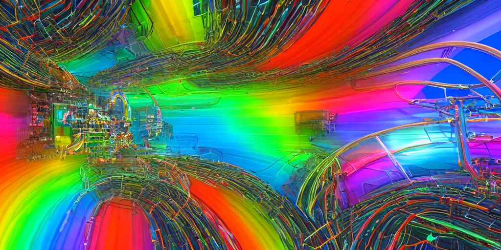 Image similar to A seamless 3D HDRI image of a rainbow colorspace of finely detailed interconnected circuitry showing the thought process of AI, insanely detailed, sci-fi, unreal engine 8K, futuristic