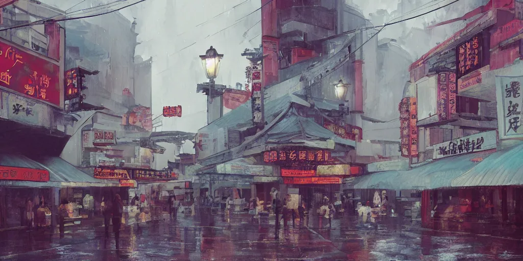 Image similar to an old cinema at a quiet petaling street in chinatown, kuala lumpur, rainy day, matte painting, studio ghibli, artstation