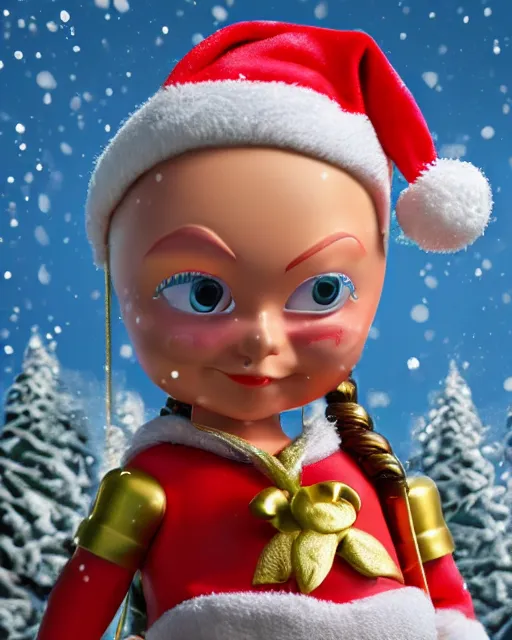 Image similar to highly detailed closeup, portrait of a tin toy santa greta thunberg wearing a bikini, depth of field, fashion photoshoot by nicoletta ceccoli, mark ryden, lostfish, dan decarlo, bob clampett, max fleischer, breathtaking, detailed and intricate snowenvironment, 8 k resolution, hyperrealistic, octane render