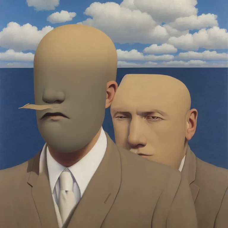 Image similar to portrait of a faceless reflective water - head man in a suit, clouds in the background, by rene magritte, detailed painting, distance, middle centered, hd, hq, high resolution, high detail, 4 k, 8 k