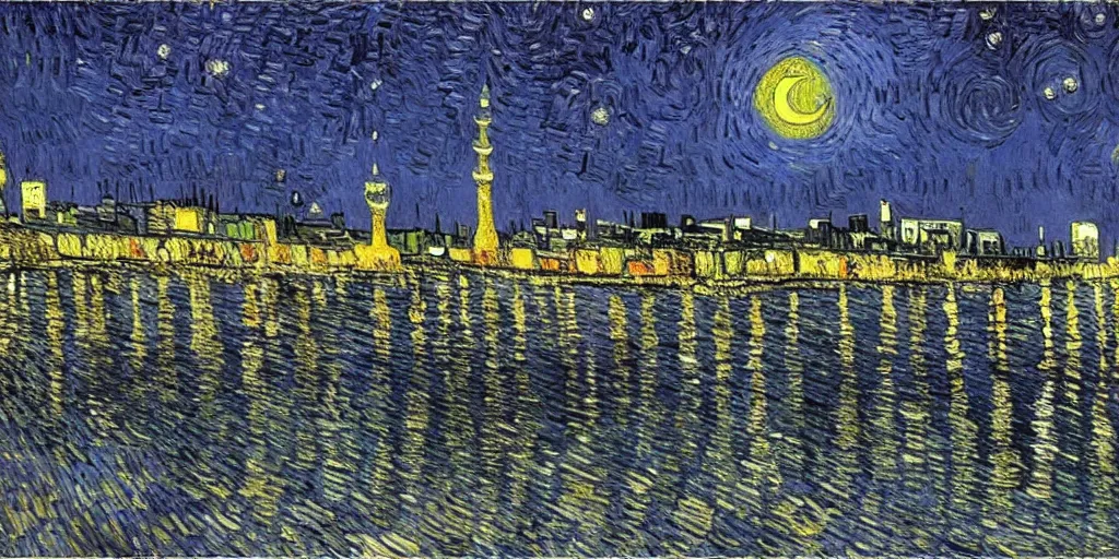 Image similar to tehran skyline in a winter night, a full moon, art by vincent van gogh