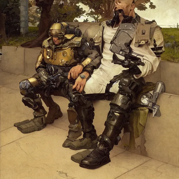 Prompt: an android soldier sits on a bench as an intense battle rages behind him, he is sad, hunched shoulders, detailed concept art by caravaggio and greg rutkowski and alphonse mucha and norman rockwell