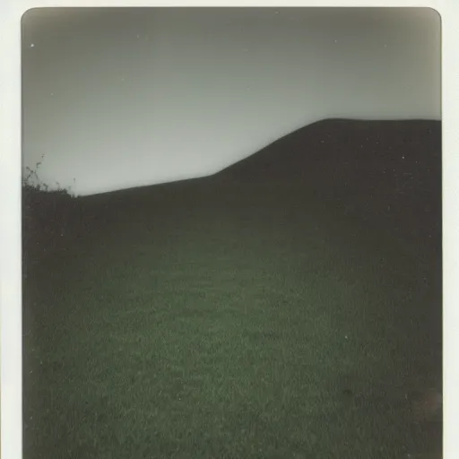 Prompt: polaroid photo of a empty very steep grass hill at night, flash photography