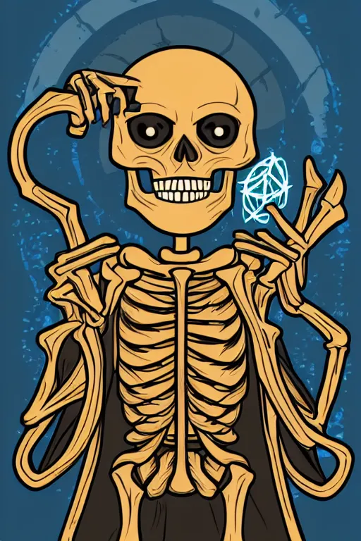 Prompt: Portrait of a evil skeleton that is a wizard casting a spell , wizard, medieval, sticker, colorful, casting epic spell, magic the gathering artwork, D&D, fantasy, artstation, heroic pose, illustration, highly detailed, simple, smooth and clean vector curves, no jagged lines, vector art, smooth