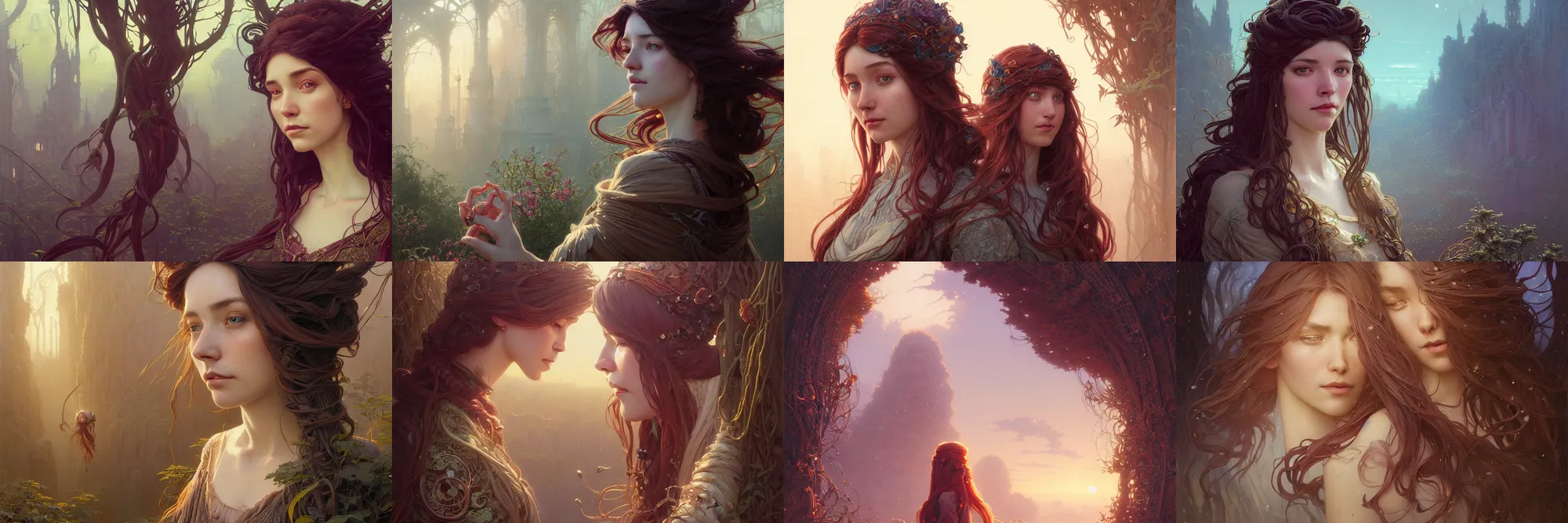 Image similar to highly detailed portrait of a woman with long hairs, stephen bliss, unreal engine, fantasy art by greg rutkowski, art nouveau, loish, rhads, ferdinand knab, makoto shinkai and lois van baarle, ilya kuvshinov, rossdraws, tom bagshaw, alphonse mucha, global illumination, radiant light, detailed and intricate environment