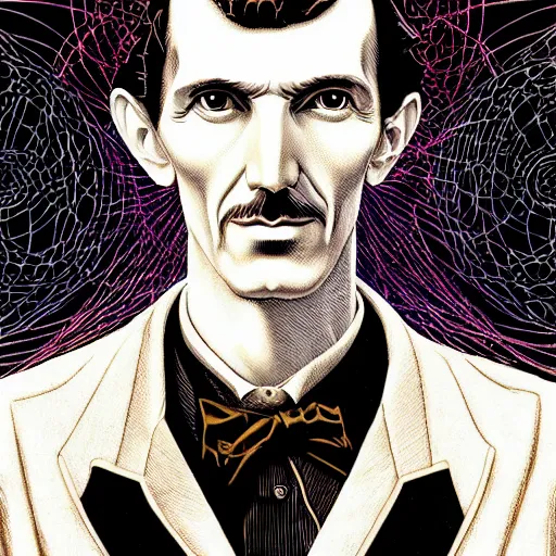 Image similar to portrait of nikola tesla, symmetrical, by yoichi hatakenaka, masamune shirow, josan gonzales and dan mumford, ayami kojima, takato yamamoto, barclay shaw, karol bak, yukito kishiro