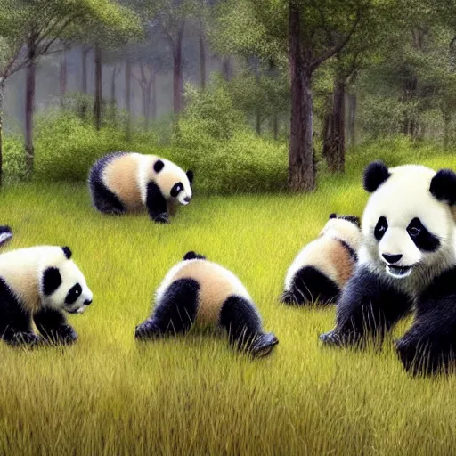 Prompt: family of pandas in the tall grass panoramic, mural, fisheye perspectiveultra realistic, concept art, intricate details, eerie, highly detailed, photorealistic, octane render, 8 k, unreal engine. art by artgerm and greg rutkowski,