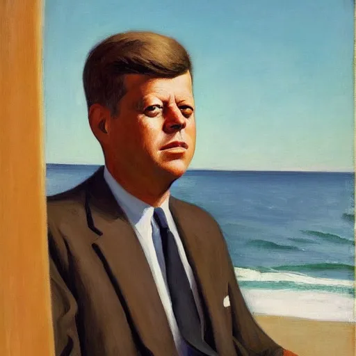 Image similar to portrait of john f kennedy, older, graying hair, standing on a beach, oil on canvas by edward hopper 1 9 8 0