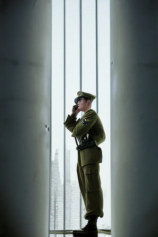 Image similar to kodak portra 5 0 mm f 4 full body portrait photography of a wwii airborne infantry soldier who's a mix of gillian anderson and adam driver, looking exhausted, setting is inside a sci fi megastructure tower looking out a window, photo by erwin olaf