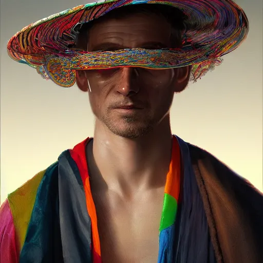 Image similar to portrait of a blindfolded man in multicolored robes, a large straw hat, detailed face, highly detailed, cinematic lighting, digital art painting by greg rutkowski