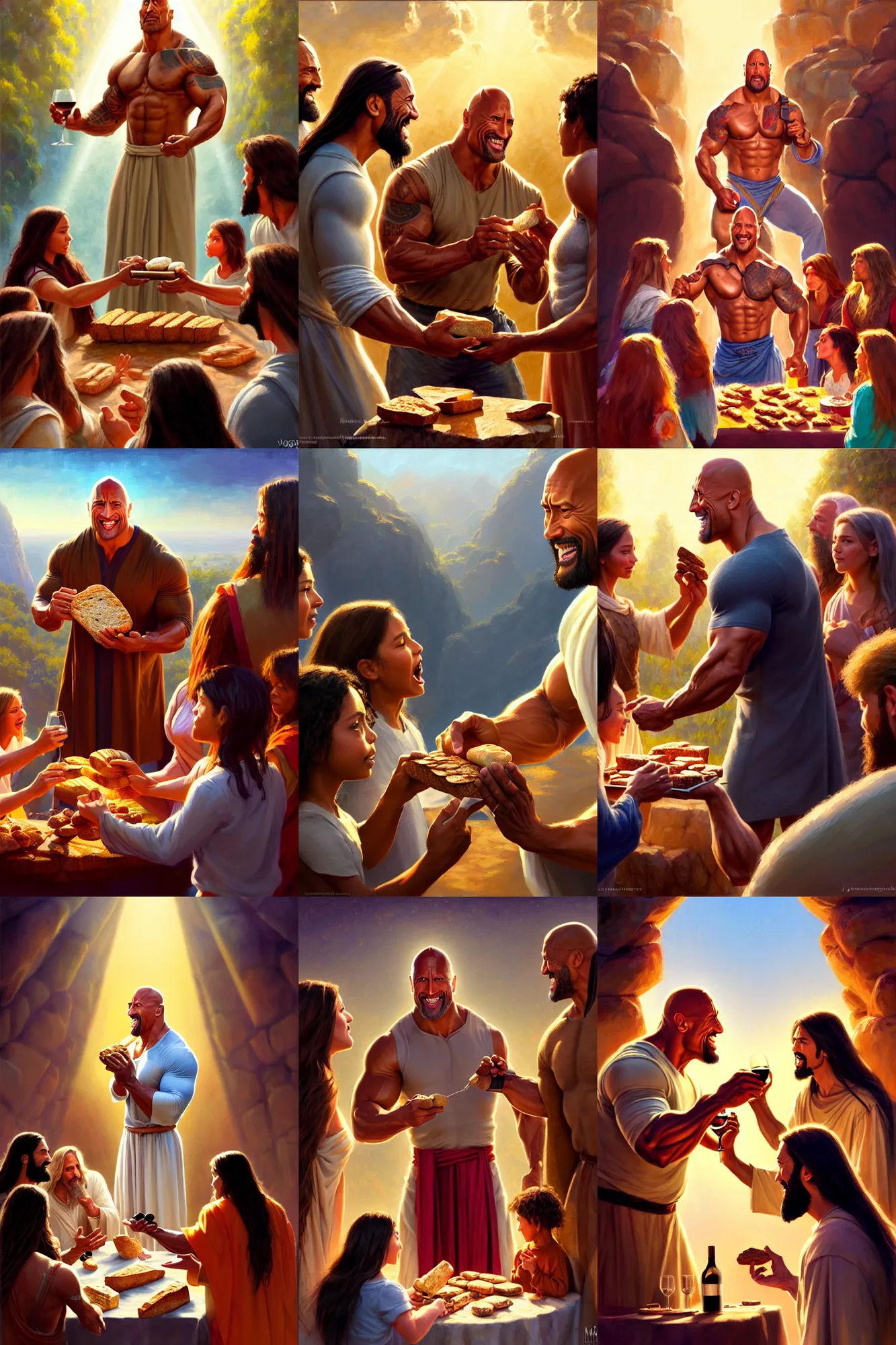 Prompt: dwayne johnson as jesus sharing bread and wine with the local community, joyful, holy rays of spiritual light, pixar style, shaded lighting poster by magali villeneuve, artgerm, jeremy lipkin and michael garmash, rob rey and kentaro miura style, trending on art station