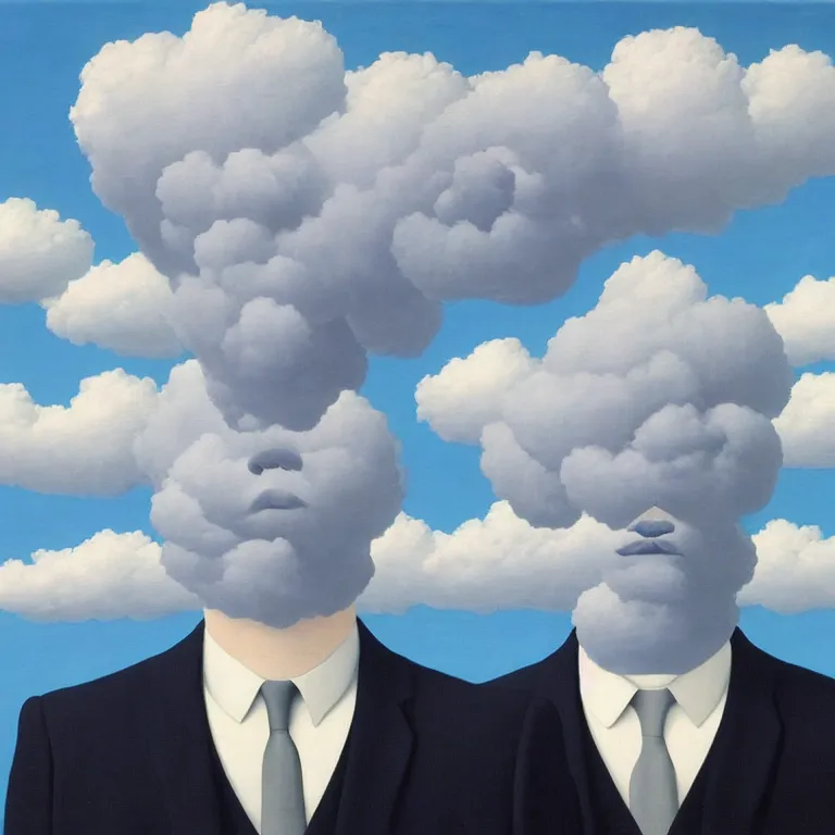 Image similar to portrait of a cloud man in a suit by rene magritte, detailed painting, hd, hq, high resolution, high detail, 4 k, 8 k