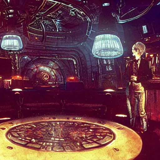 Image similar to scene from fight club movie, hr giger artlilery spaceship lands in country tavern, filigree ornaments, volumetric lights, syd mead