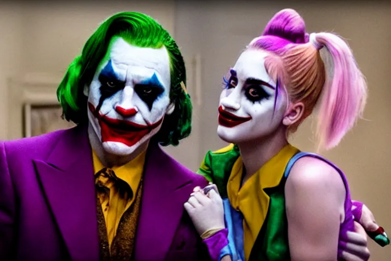 Image similar to joaquin phoenix as the joker ( 2 0 1 9 ) and lady gaga as harley quinn, movie still frame, directed by todd phillips