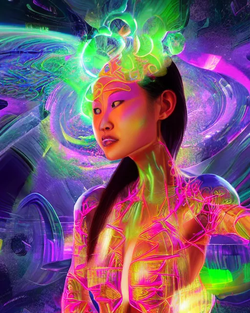 Prompt: a powerful energy psychedelic matrix asian woman, by alexander fedosav, hyper detailed digital matte painting, concept art, hyperrealism, 1 6 k resolution, cinema 4 d, 8 k resolution, trending on artstation, behance hd, a masterpiece, by stephan martiniere, particles, cel - shaded, power bright neon energy, by david a. hardy,