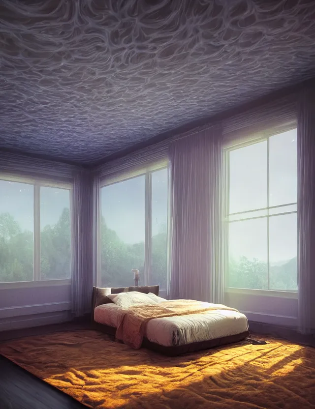 Prompt: an ultra wide angle photo of a bed hovering above the floor in the middle of a giant bedroom with windows opening to other worlds by casey weldon and lee madgewick, photorealistic, octane render, recursive, flowing, cascading, multiverse, labyrinthine