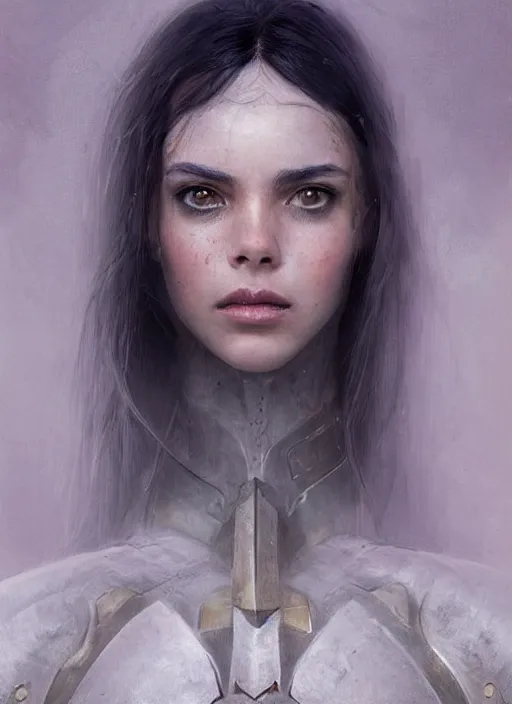 Image similar to a professional portrait of a beautiful young female, clothed in ethereal battle armor, olive skin, long dark hair, beautiful bone structure, symmetrical facial features, intricate, elegant, digital painting, concept art, smooth, sharp focus, finely detailed, illustration, from Valerian and the City of a Thousand Planets, in the style of Ruan Jia and Mandy Jurgens and Artgerm and Greg Rutkowski and William-Adolphe Bouguerea