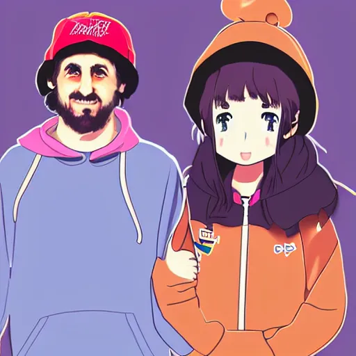 Image similar to hila klein holding hands with ethan klein, anime style, digital art, cute, teddy fresh