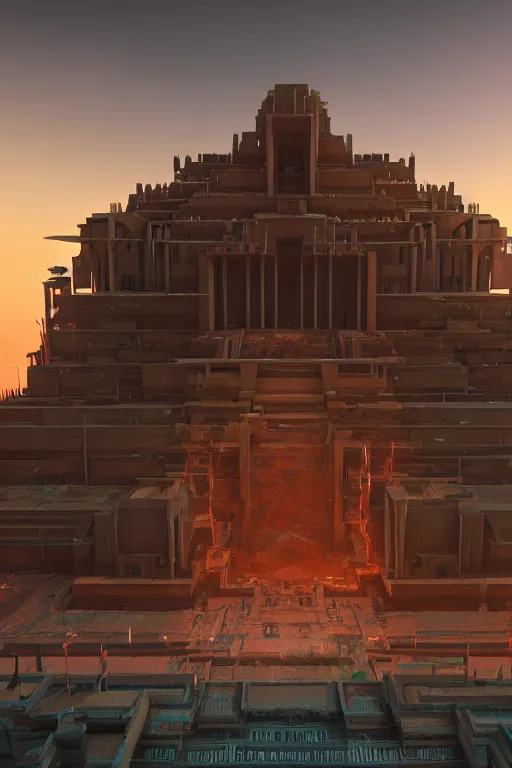 Image similar to Artwork by Beeple of the cinematic view of the Temple of Infernal Writings.