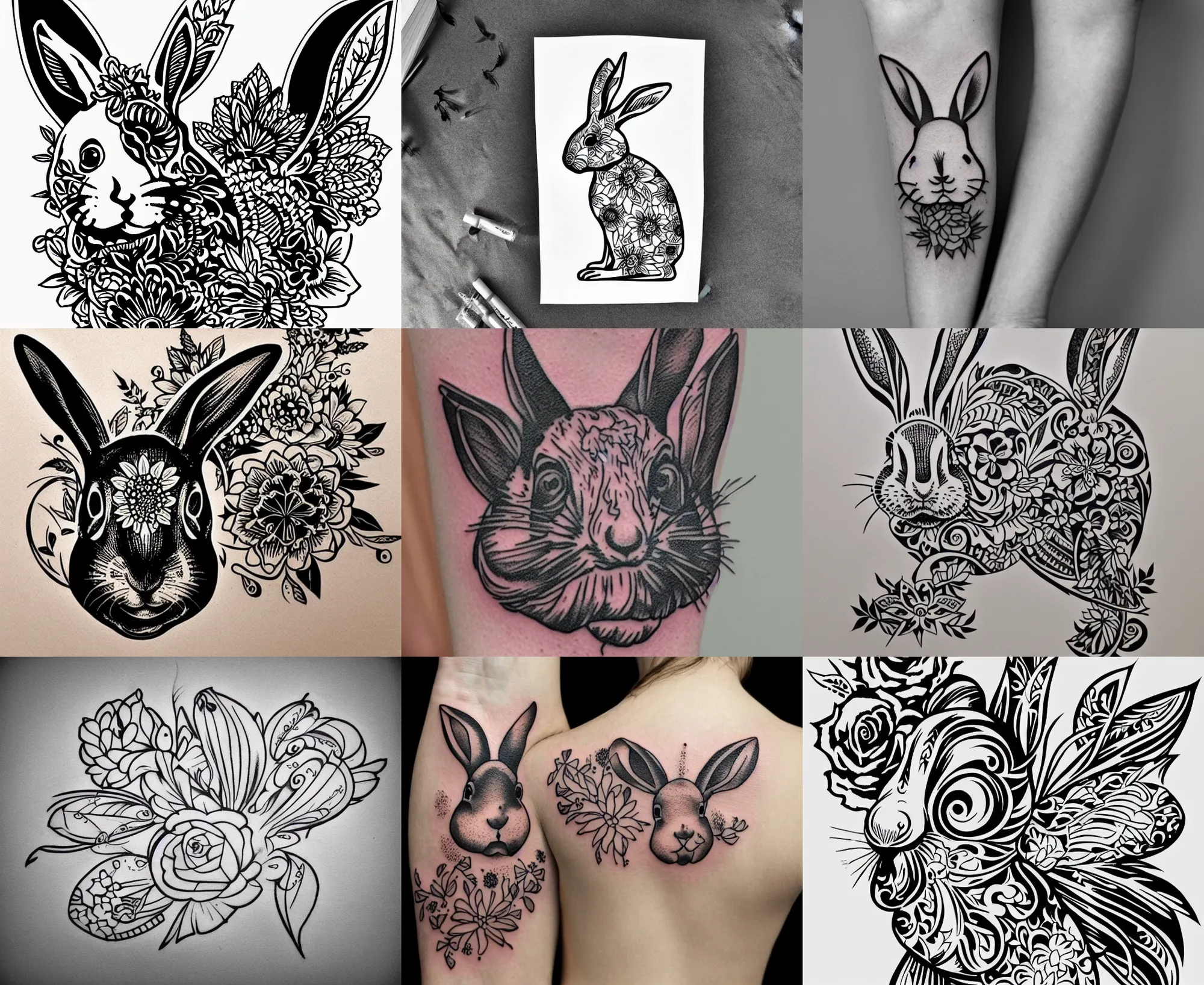 Prompt: tattoo stencil floral, rabbit