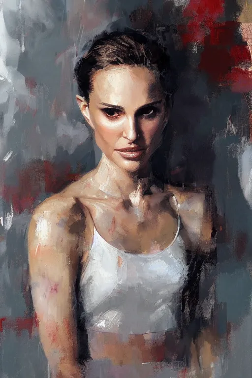 Image similar to elegant portrait of natalie portman as iron man by richard schmid, alla prima, loose gestural painterly, jeremy mann, greg manchess