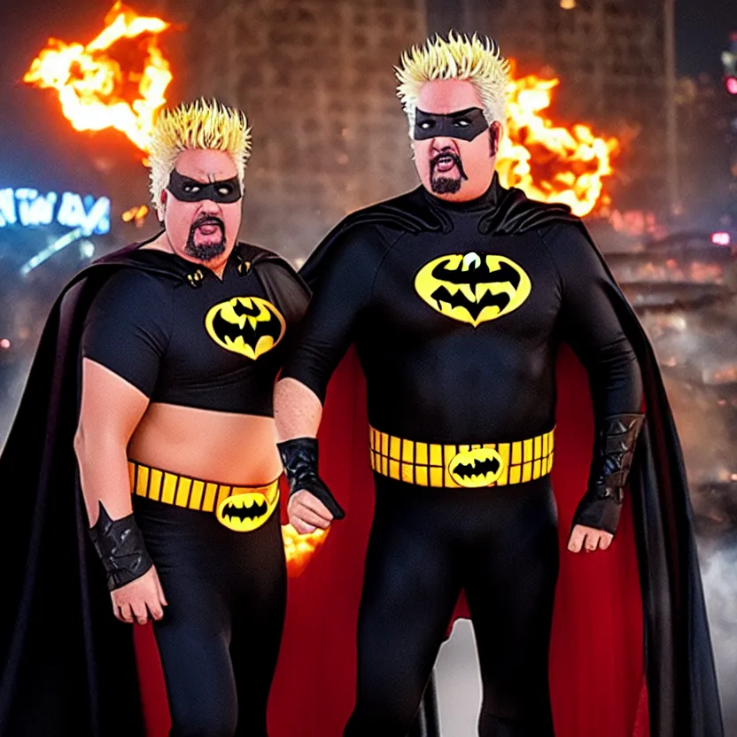 Prompt: guy fieri as batman, movie still, 8 k,