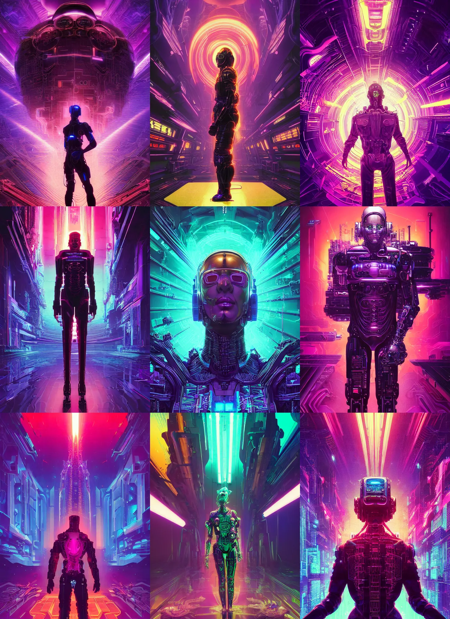 Prompt: a caption of a cyborg standing in front of a purple background, cyberpunk art by dan mumford, karol bak, ruan jia, moebius, hiroshi yoshida, behance contest winner, shock art, reimagined by industrial light and magic, aesthetic neon, synthwave, darksynth