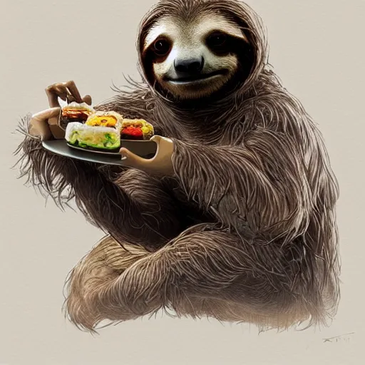 Image similar to detailed science - fiction character portrait of a sloth eating sushi, intricate, wild, highly detailed, digital painting, artstation, concept art, smooth, sharp focus, illustration, art by artgerm and greg rutkowski and alphonse mucha