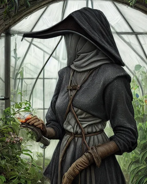 Image similar to portrait of a female plague doctor in a botanical greenhouse, heavy rain outside, wind, thunder, reflections, deep focus, d & d, fantasy, intricate, elegant, highly detailed, digital painting, artstation, concept art, matte, sharp focus, illustration, hearthstone, art by artgerm and greg rutkowski and alphonse mucha