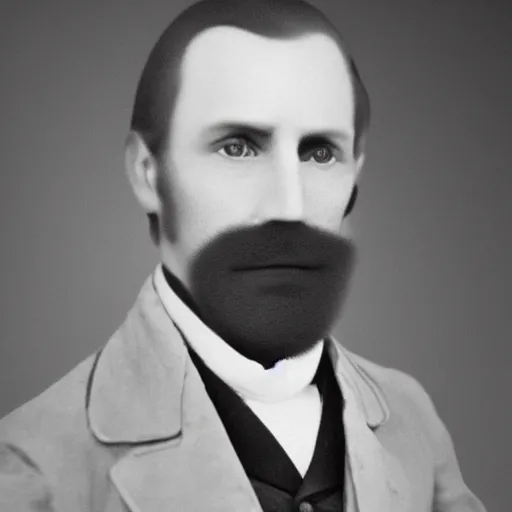 Image similar to A photograph portrait of Jerma985 with a pyramidal mustache in the early 1800s, taken in the early 1800s, 1840s, grainy, taken on a Field View Camera, realistic, hyperrealistic, very realistic, highly detailed, very detailed, extremely detailed, detailed, digital art, trending on artstation