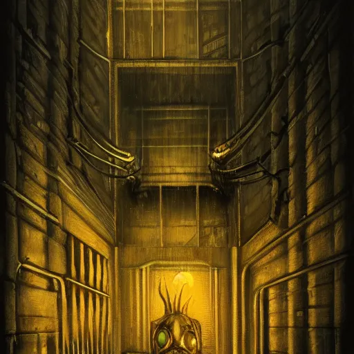 Prompt: outside a large orange biomechanical building, by h r giger, night, dimly lit, moody, creepy atmosphere, artstation