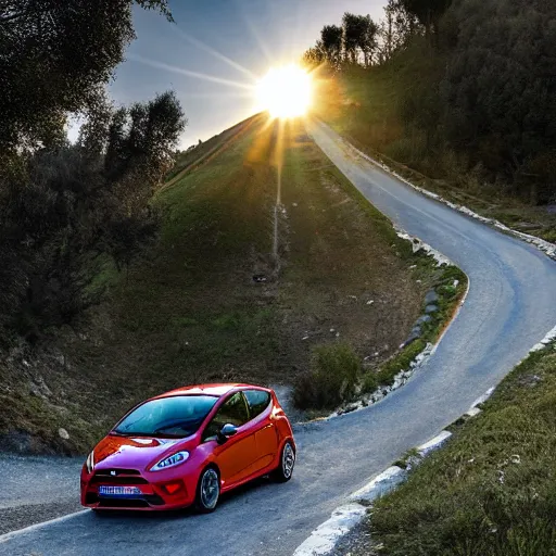 Image similar to red ford fiesta mk 6 zetec on a mountain road, spain, award winning photograph, golden hour