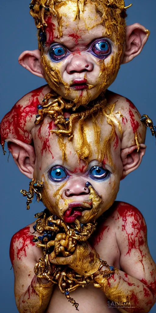 Prompt: award winning photo of ritualistic deformed african albino baby draped in shiny gold and silver, puking blood, red eyes wide open, rotten flesh, india tika third eye, evil cult, mysticism, vivid colors, weird and disturbing, symmetrical face, grape hyacinth, blue delphinium, studio lighting, wide shot art by sally mann & arnold newman