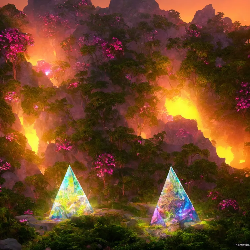 Image similar to a glowing crystal tetrahedron!!! in the middle of ancient ruins in a lush prehistoric jungle, inside a humongous cave, red and magenta flowers, sunset, godrays, orange sky, haze, waterfall, volumetric lighting, a beautiful and stunning digital render, photorealistic, unreal engine 5, ultra detail, trending on artstation