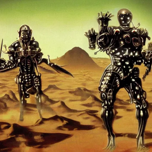 Prompt: cybernetic evil warzone bladed weapons razor projectiles humanoids goin stupid, desert scene