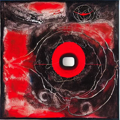 Image similar to a black and red crimson biomechanical talisman of eternal knowledge, aurora borealis, eclipse by maggi mcdonald, jackson pollock, mark rothko, sabina klein