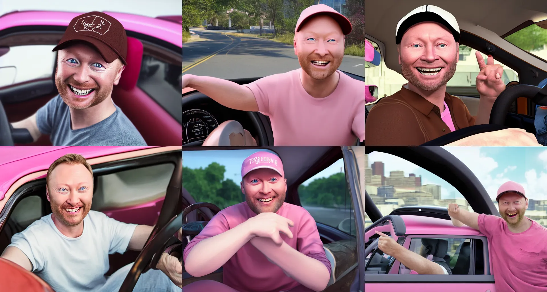 Prompt: a white man who looks just like limmy smiling wearing a brown trucker's cap while holding the steering wheel in a pink truck, unreal 5, DAZ, hyperrealistic, octane render, Detailed Digital Art, dynamic lighting, Highly Detailed, Cinematic Lighting, Unreal Engine, 8k, HD