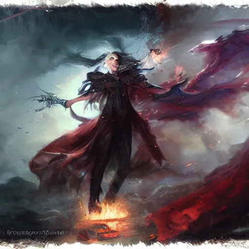 Image similar to enchanting sorcerer painted by Raymond Swanland