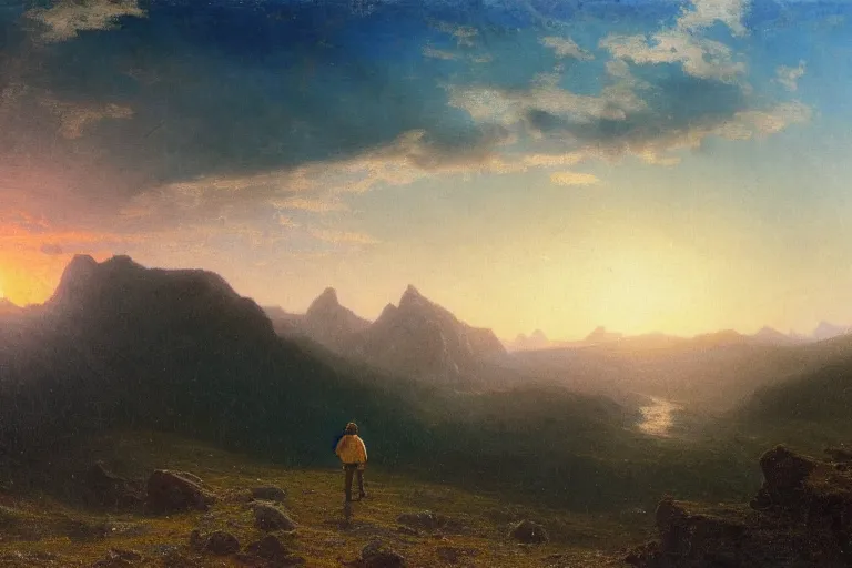 Prompt: a traveler wandering trough the mountains looking at the clouds, hyperdetailed, focused, oil painting, cinematic lighting, albert bierstadt, trending on artstation, colorful, canvas, sunset, centered, hans dahl, theodor kittelsen, hermann hendrich, national geographic, Konstantin Yakovlevich Kryzhitsky, beautiful nature, breathtaking, nordic