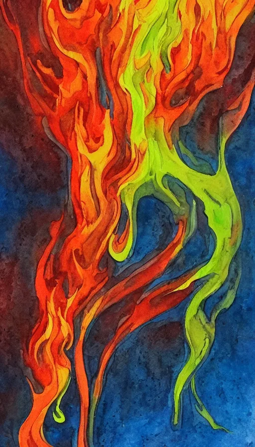 Image similar to water color painting of fire and water mixing together, conveying a sense of balance inspired by the Temperance tarot card