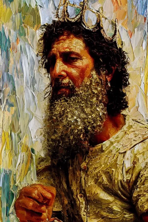 Image similar to highly detailed palette knife oil painting of a historically accurate depiction of the ancient biblical israeli king solomon, wealthy, wise, by Peter Lindbergh, impressionistic brush strokes, painterly brushwork