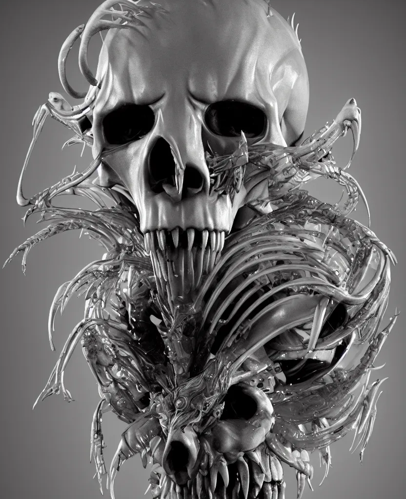 Prompt: close-up macro portrait of the face of a Joe Biden ram skull mask, epic angle and pose, ribcage skeleton symmetrical artwork, 3d with depth of field, blurred background, cybernetic jellyfish female face skull phoenix bird, translucent, nautilus, energy flows of water and fire. a highly detailed epic cinematic concept art CG render. made in Maya, Blender and Photoshop, octane render, excellent composition, cinematic dystopian brutalist atmosphere, dynamic dramatic cinematic lighting, aesthetic, very inspirational, arthouse. y Greg Rutkowski, Ilya Kuvshinov, WLOP, Stanley Artgerm Lau, Ruan Jia and Fenghua Zhong