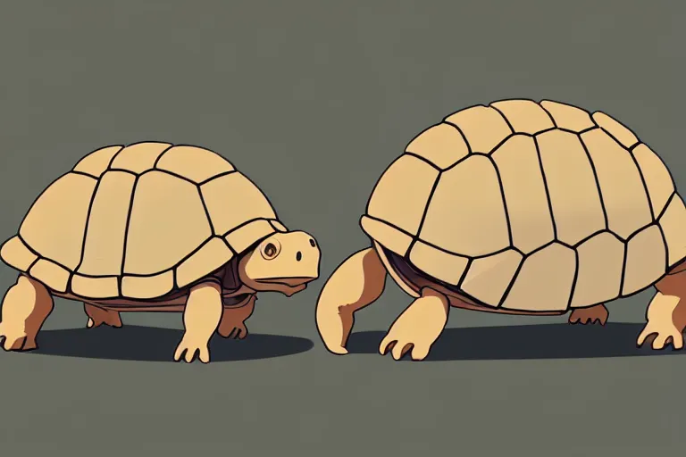 Image similar to a study of a cell shaded cartoon of a beige mechanical tortoise from howl's moving castle ( 2 0 0 4 ), at a gas station, full body, wide shot, very muted colors, post grunge, studio ghibli, laurie greasley, highly detailed, deviantart, art by artgem