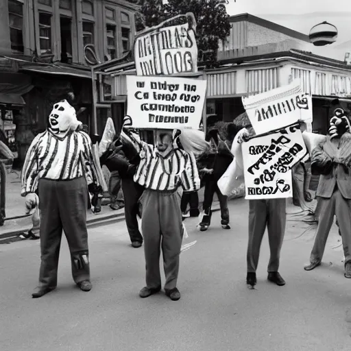 Image similar to gang of 1950s clowns protesting in the streets, shot on point and shoot camera