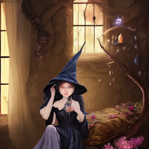 Prompt: a beautiful witch chilling in her house drawn by Qinni and Yuumei, realistic painting, high definition, digital art, matte painting, very detailed, realistic